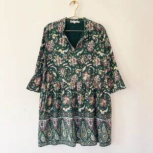 JUDE CONNALLY Emerald Green Metallic Paisley Floral Bohemian Tiered Swing Dress